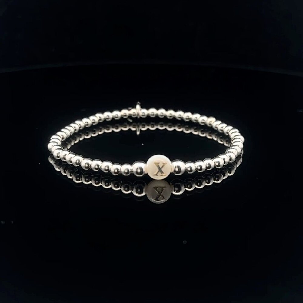 925 Sterling Silver Beaded Stretch Stacking Bracelet MOP Letter Initial X